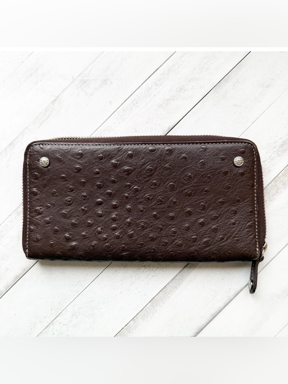 Anne Klein Genuine Ostrich Leather Zip Around Continental Wallet Brown 8"x4"